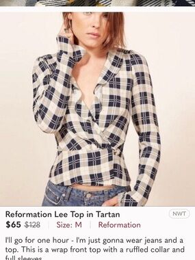 Reformation Lee Plaid Wrap Blouse in Navy & Cream